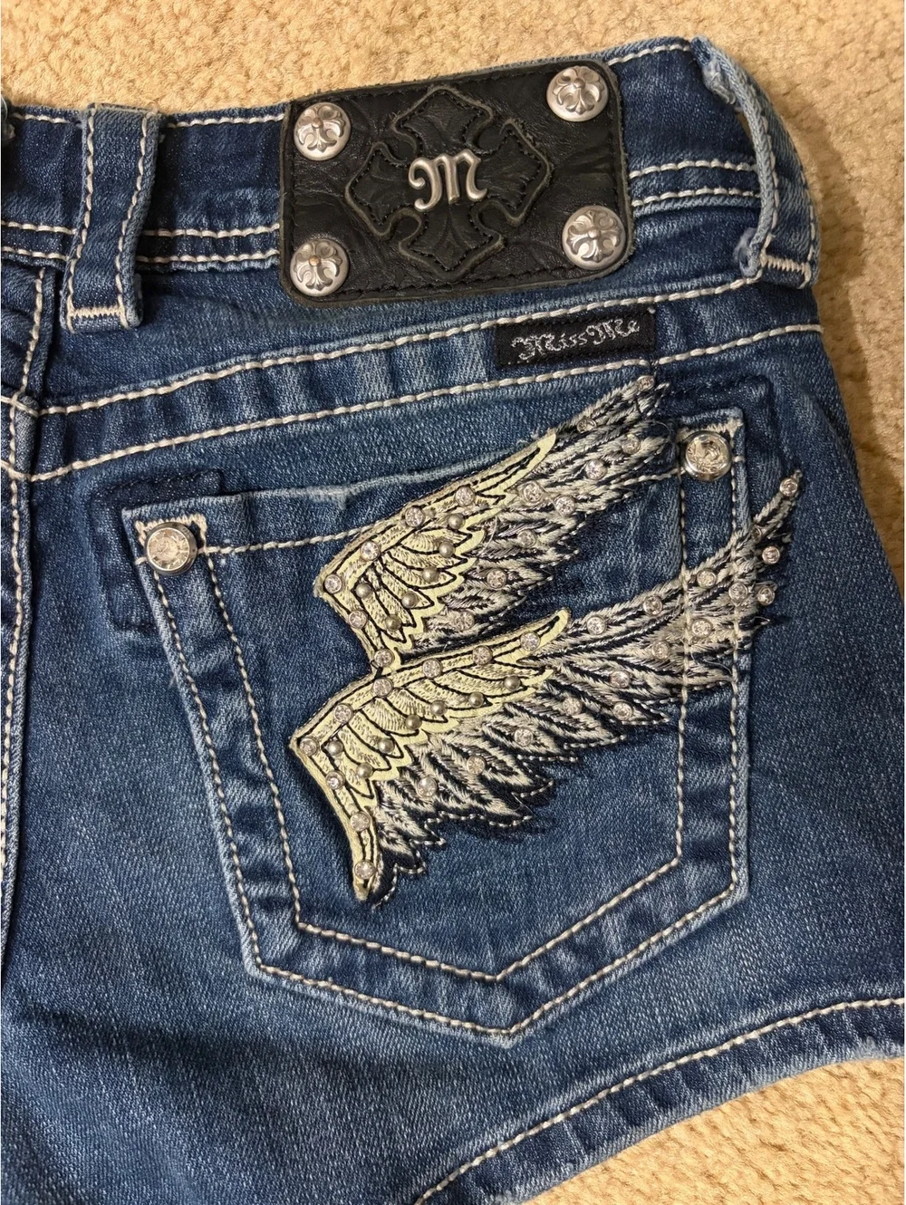 Miss Me Women's Low-Rise Denim Shorts Size 27 with Wing Embroidery & Rhinestones